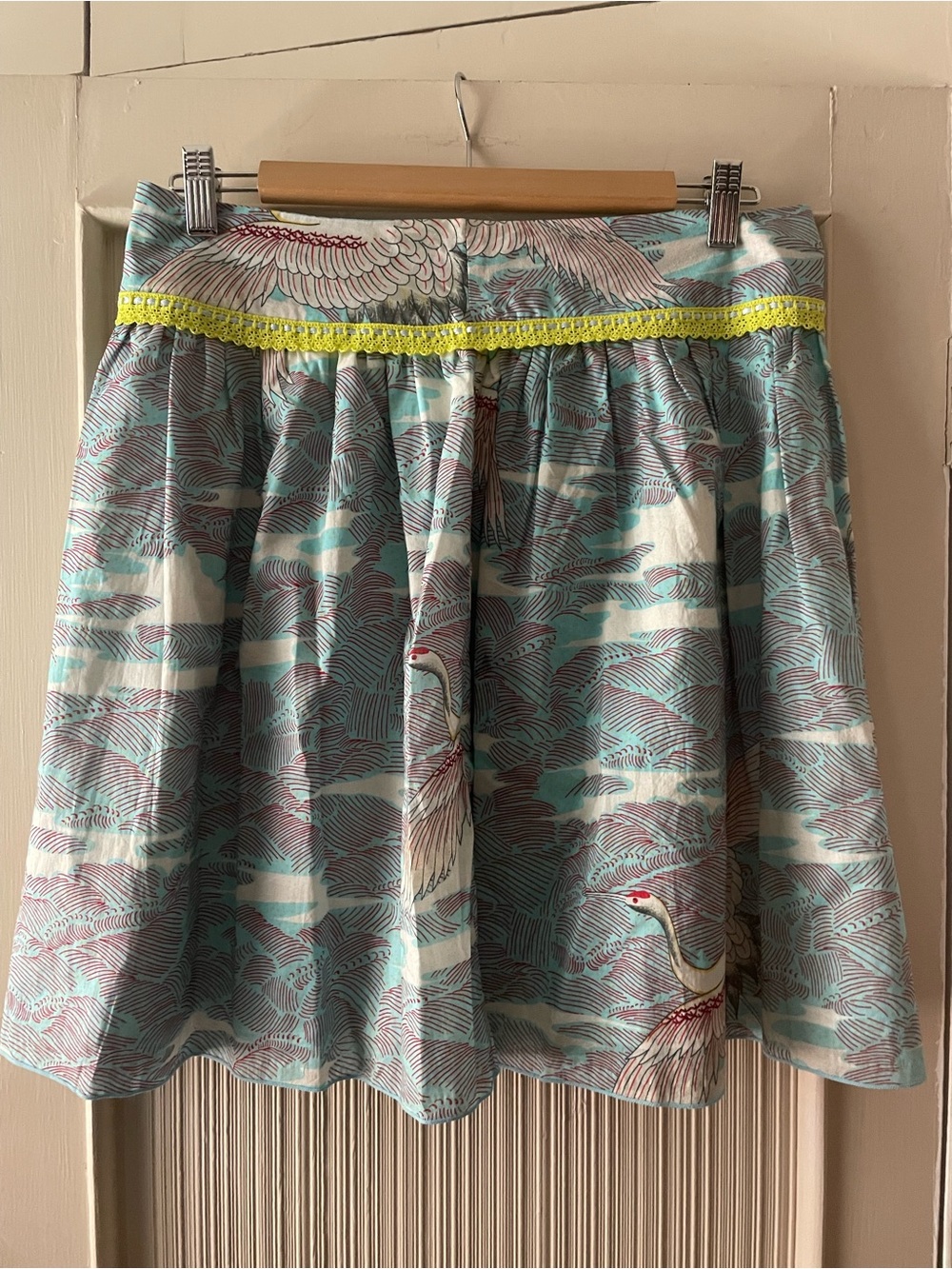Custo Barcelona Light Blue and Cream Crane Print Mini Skirt with Yellow Trim